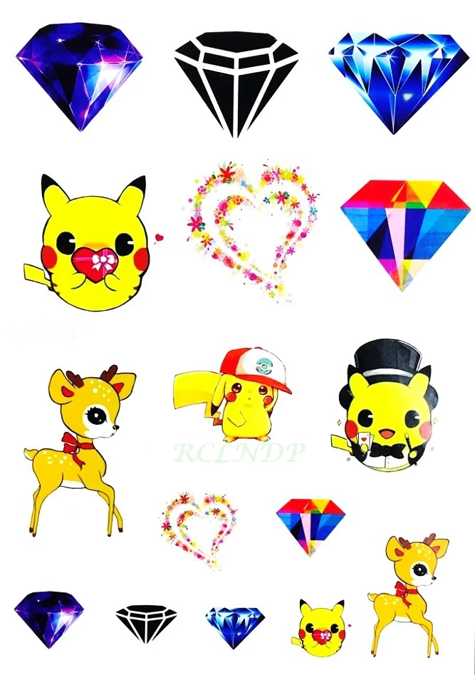 

Waterproof Temporary Tattoo Sticker lovely Pikachu Bling Bling diamond deer tatto stickers flash tatoo fake tattoos for kid girl