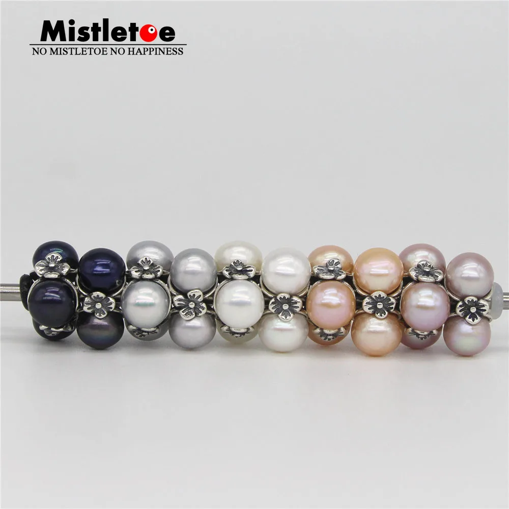 

Mistletoe 925 Sterling Silver Triple Pearl, White Charm Natural Black Gray Pink Purple Pearl Bead Fit Troll 3.0mm Bracelet