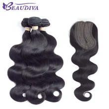 BEAUDIVA Pre-Colored Human Hair Weave with L Part Lace Closure Brazilian Body Wave Hair Bundle with Closure 1B Natural Black
