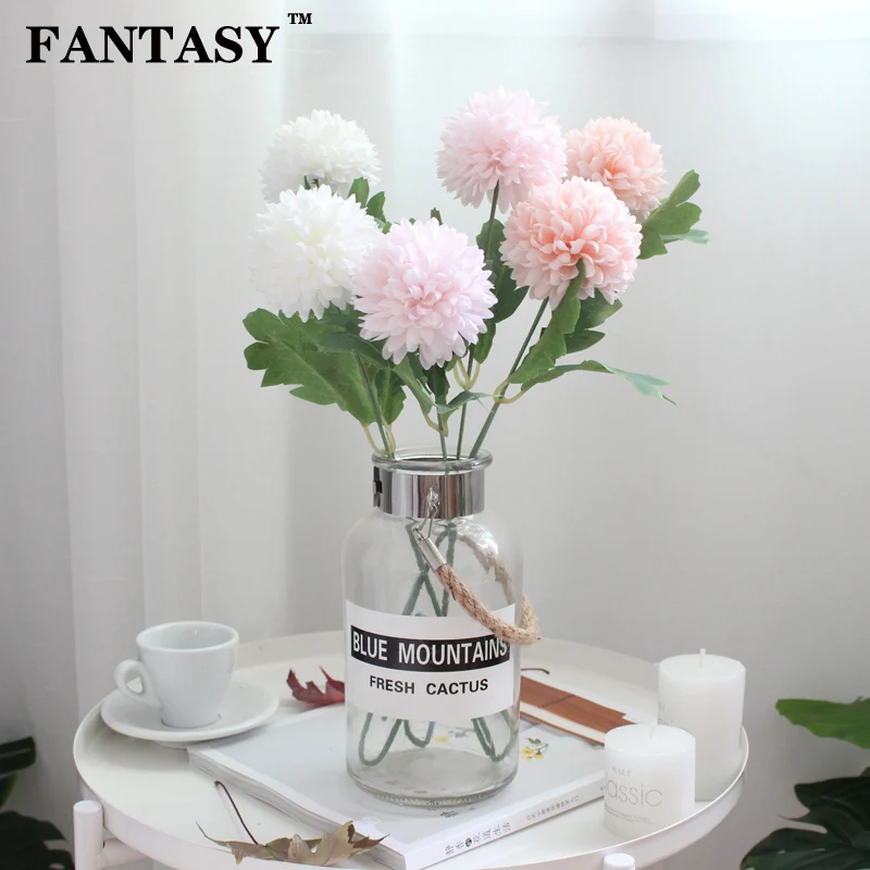

FANTASY 5 Color Pompon Mum Fake Flower Silk Artificial Flower Branch Daisy Simulation Flowers Brouquet for Floral Garden Home