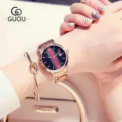 GUOU браслет Для женщин часы с календарем розового золота Нержавеющая сталь ремень водонепроницаемые женские кварцевые наручные часы 8082 г