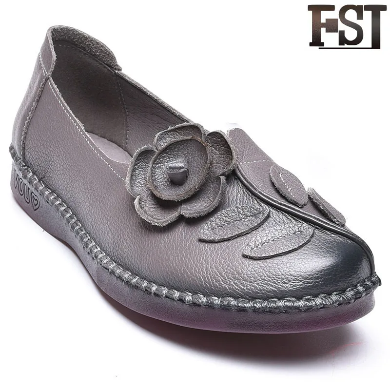 

FSJ Genuine Leather Ladies Flats Women Shoes Retro Cow Leather Solid Round Toe Slip-On Spring/Autumn Flower Fashion Mature 2019