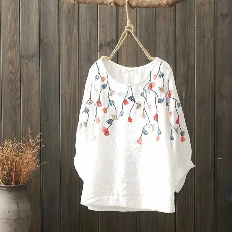 

Ethnic Dangle Flower Leaves Embroidery Womens Blouse Loose Lantern Sleeve Japan Style Loose Doll Shirt Vintage White Linen Tops