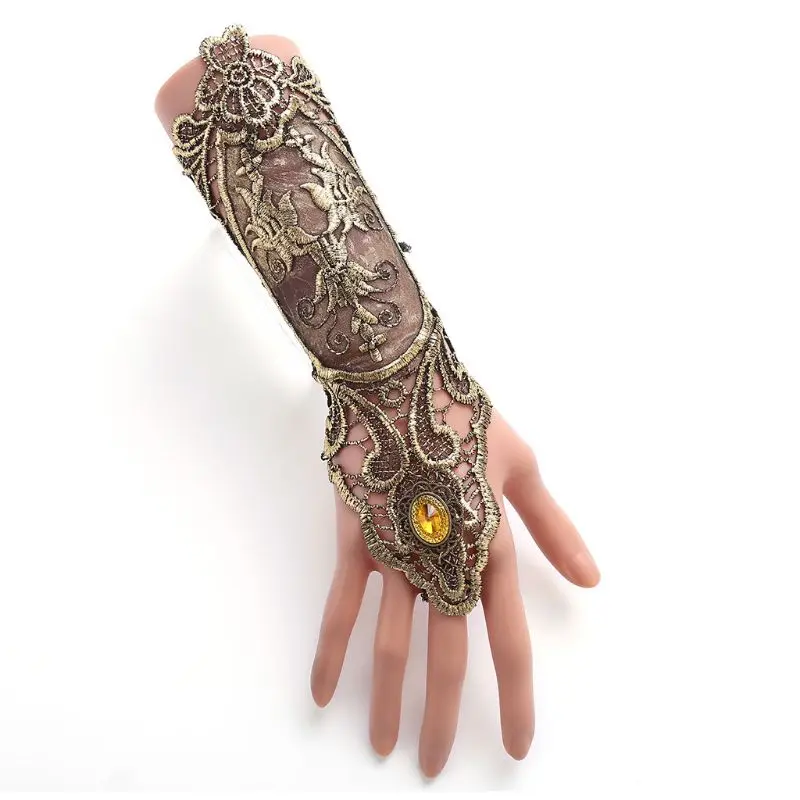 

Women Retro Flapper Dress Gloves Hollowed Out Embroidered Lace Fingerless Bracelet Criss Cross Lace Up Jewelry Wristband