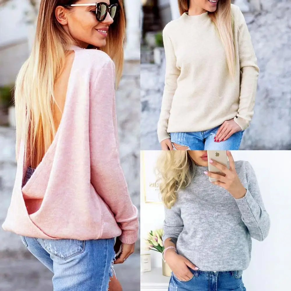 

2018 Fashion Solid Color Deep V Backless Long Sleeve Tees For Women Spring Autumn Clorth Casual Tops