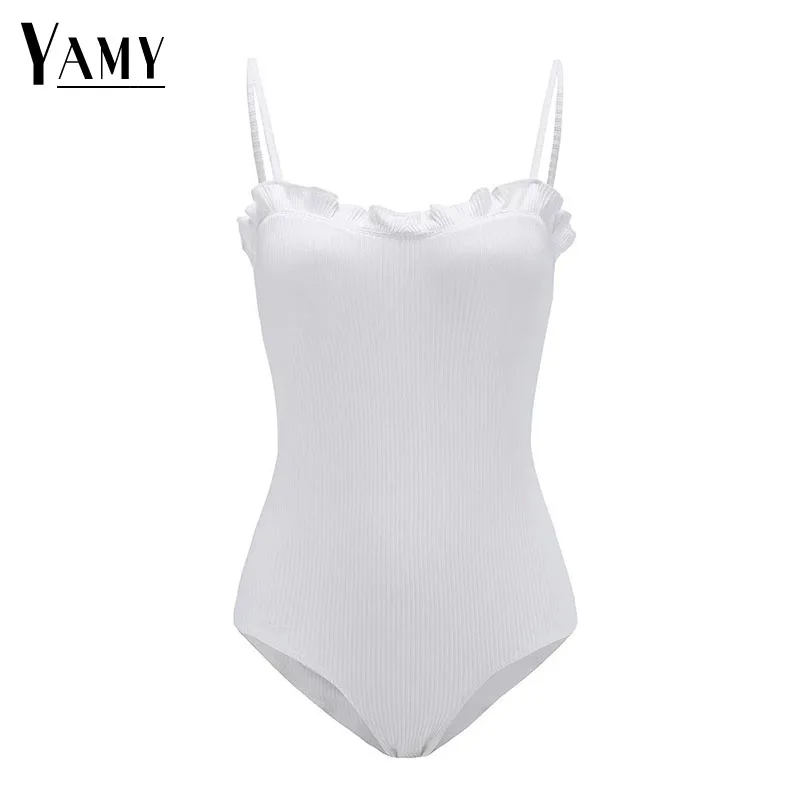 Пикантные ruffless с плеча Тощий боди Женская Летняя обувь bodycon комбинезон Детский 2018