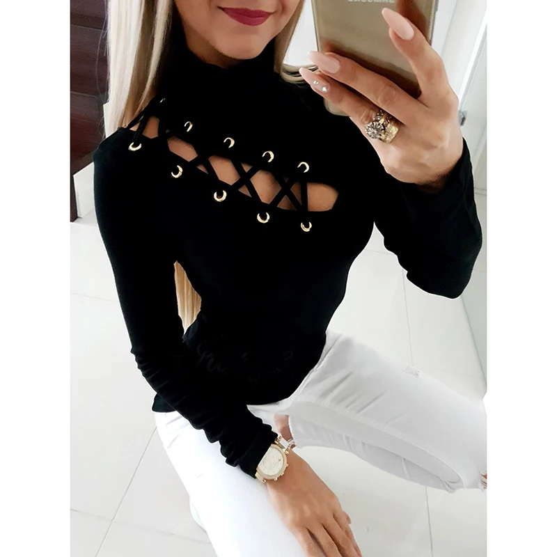 

European&American Style Round Neck Women Shoulder Strap T-shirt Female Long Sleeve Solid Color Slim Hollow Out Top Tees SJ2226E