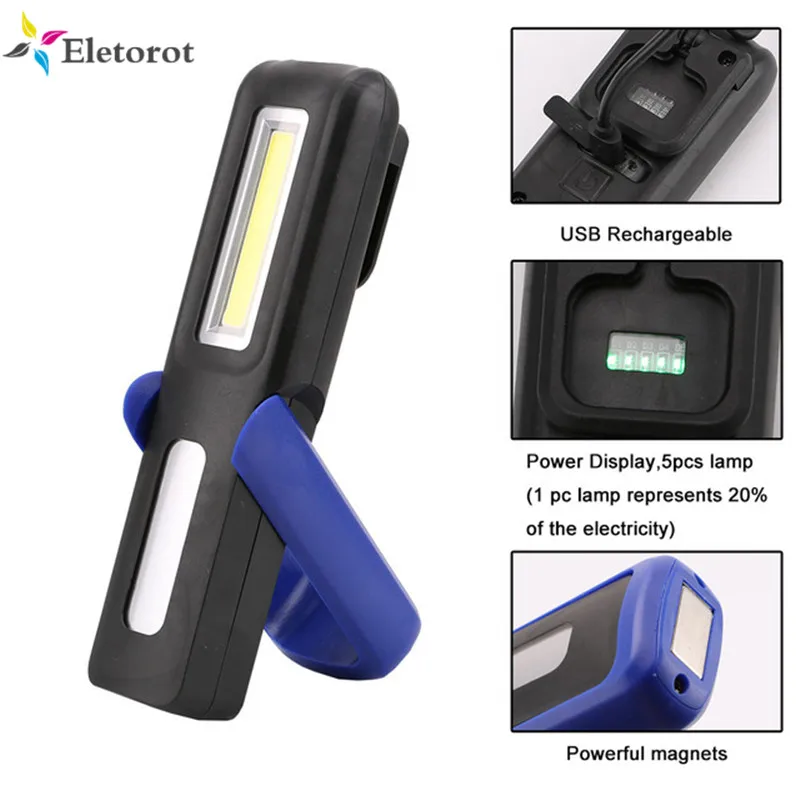 

Inspection Lamp Flashlight COB LED USB Rechargeable Magnetic Folding Hook Tent Camping Torch Work Lights Built-in Battery