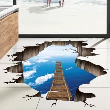 

New 3D Sky Ocean Broken Bridge Wall Sticker For Kids Rooms Home Decor Living Room Waterproof Art Mural Broken Wall Floor Sticker