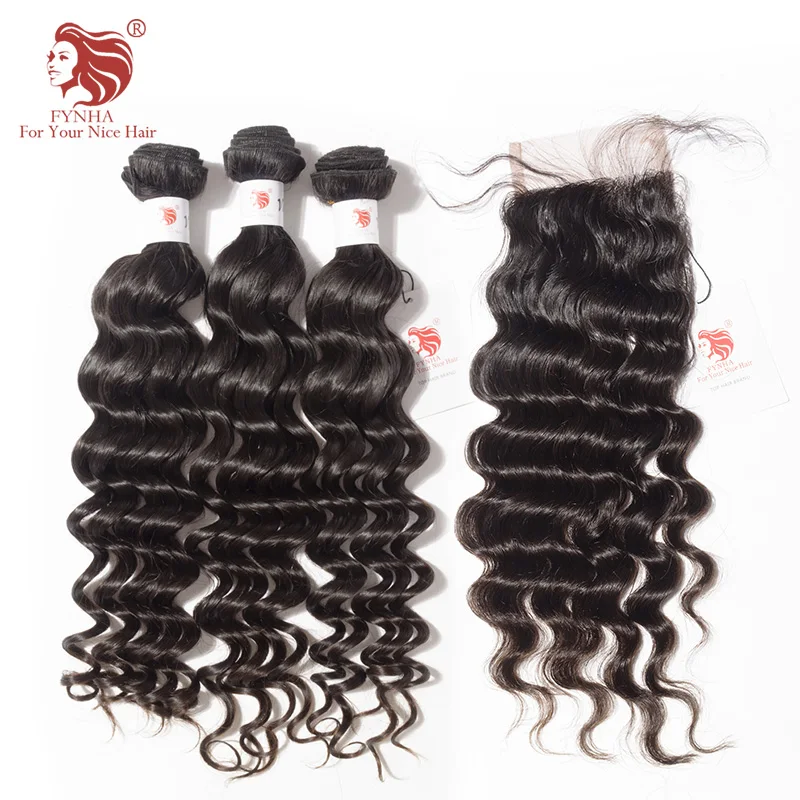 [FYNHA] Indian Virgin Hair Loose Deep Wave Weave 3 Bundles With Lace Closure Human Hair Extensions Closure