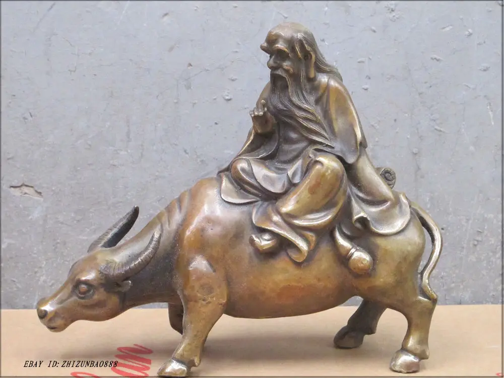 

8"China Pure Bronze hand-carved Lao tze Ride OX founder of Taoism statue