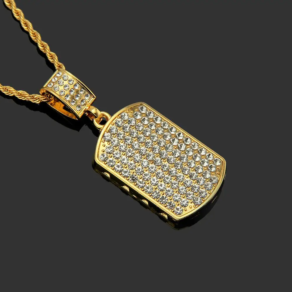 

2019 Iced Full Rhinestone Small Military Card Domineering Pendant Necklace Hip Hop Punk Jewelry Collares Hombre For Gift