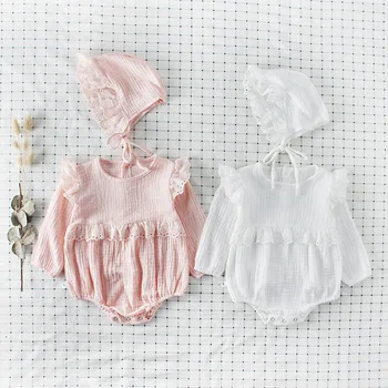 

Newborn clothes set one year birthday girl long sleeve romper +cap pink white lace jumpsuit cute baby girl clothes