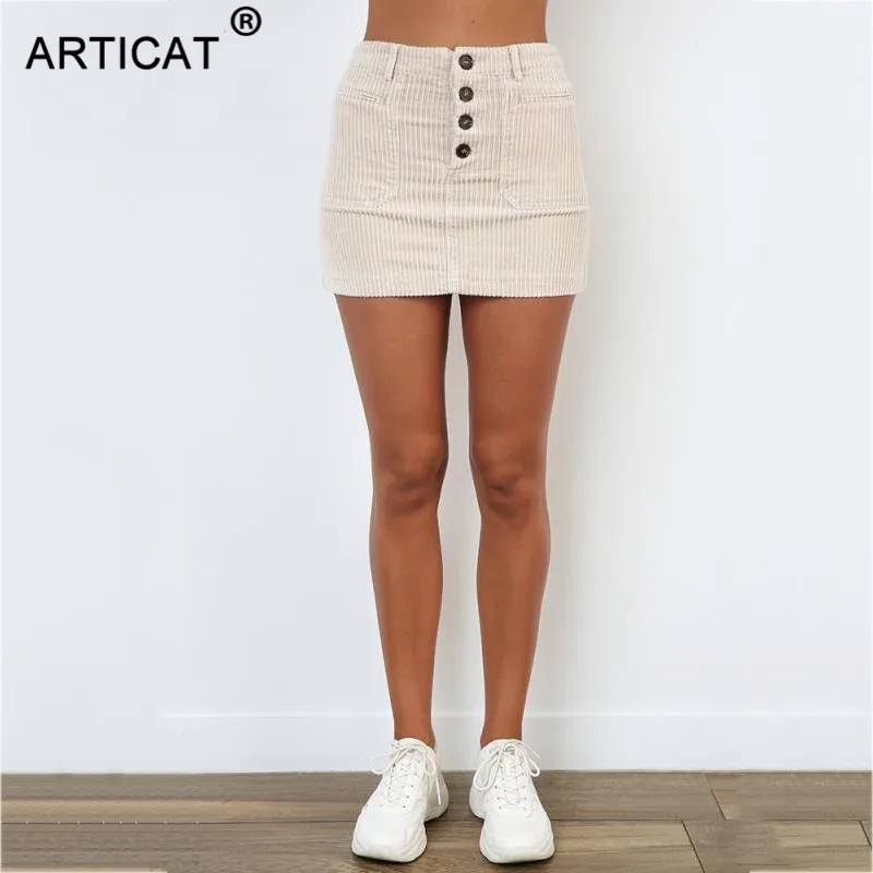 Articat Сексуальная Женская юбка цвета хаки в рубчик с высокой талией, осень, повседневная трикотажная облегающая юбка-карандаш, однобортная хлопковая мини-юбка