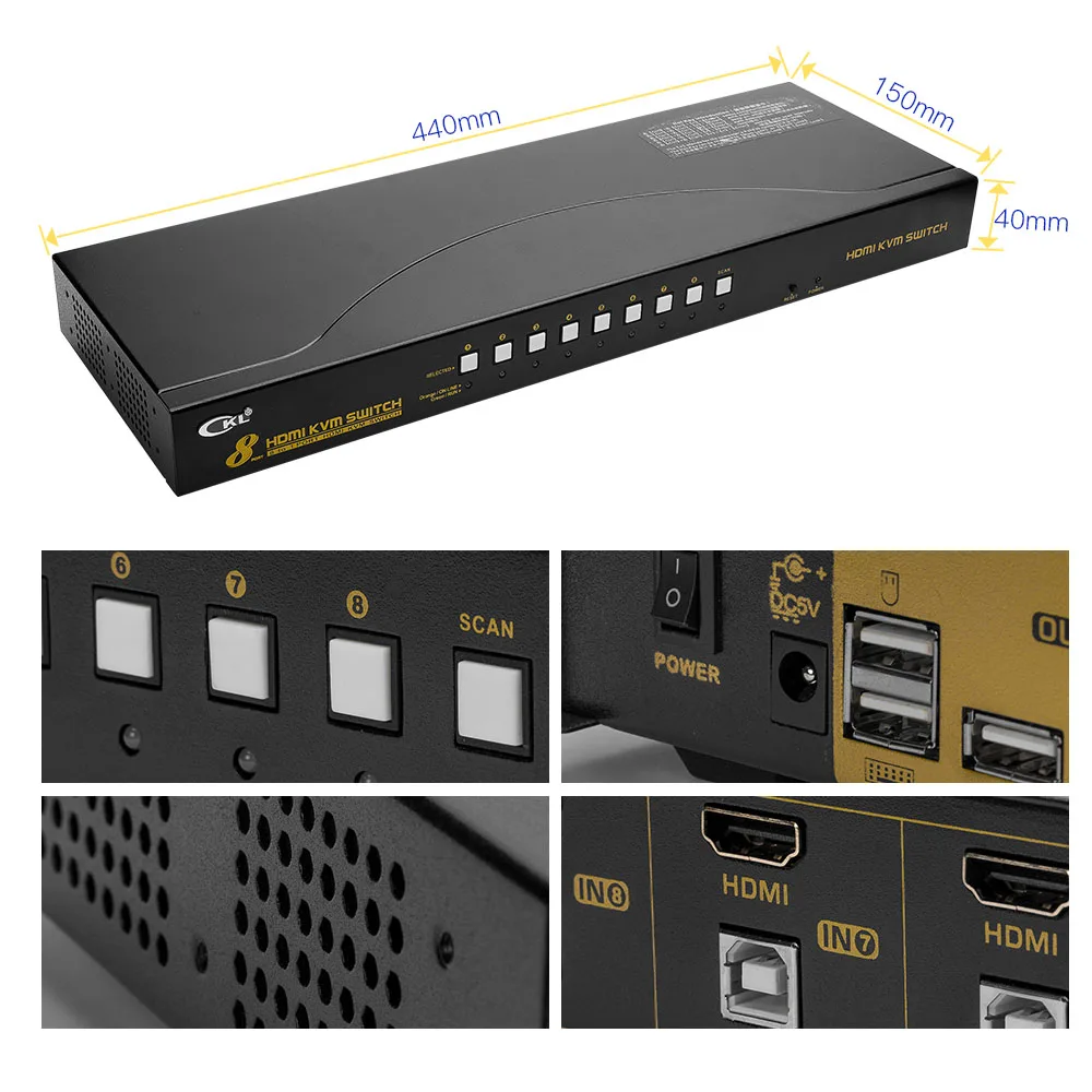 HDMI KVM Switch 8 Port USB 2.0 with Cables PC Monitor Keyboard Mouse Switcher For Computer Laptop Server DVR CKL-9138H