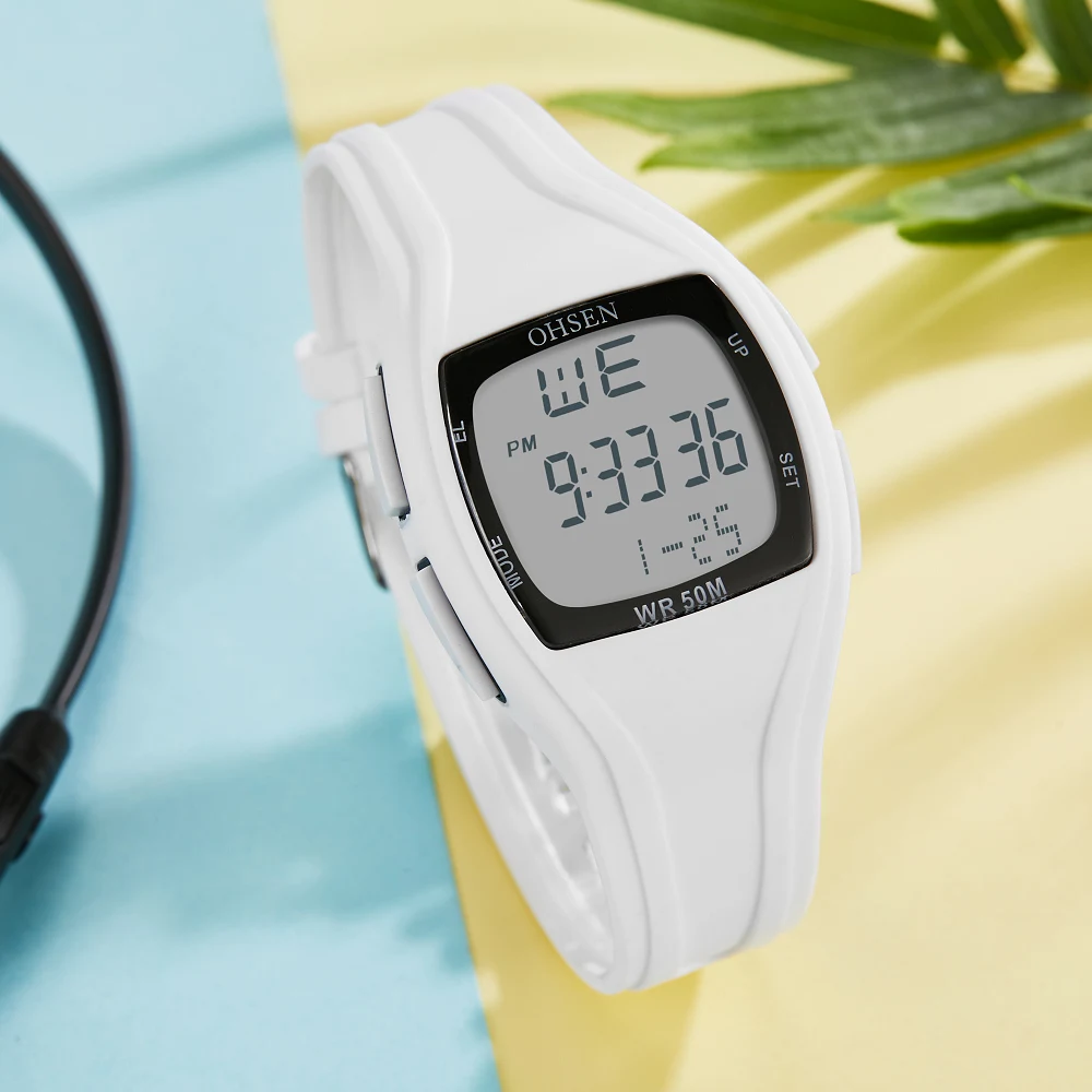 OHSEN Брендовые женские спортивные цифровые ЖК-часы 50 м для дайвинга с фиолетовым циферблатом и силиконовым ремешком водонепроницаемые наручные часы relogio feminino
