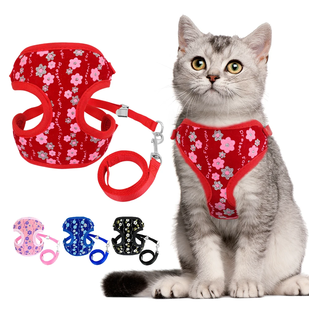 

Cute Cat Puppy Harness Vest Printed Mesh Pet Kitten Cat Harness and Leash Set Adjustable Walking Lead For Small Medium Dogs Cats