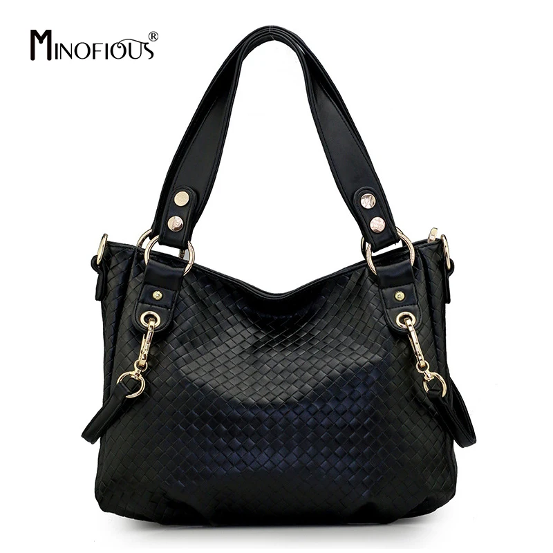

MINOFIOUS New Women Leather Handbags Casual Ladies Tote Bag Woven Shoulder Bag Female Elegant Handbag bolsa feminina