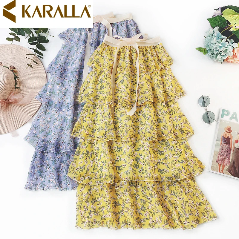 Весна/Лето модная женская темпераментная свежая шифоновая юбка с принтом фея леди Цветочная юбка C1451