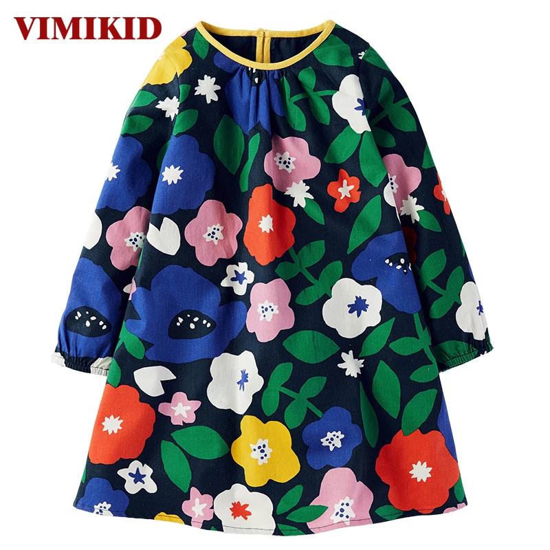 

VIMIKID Girls Clothing Dresses 2017 Autumn New Long-sleeved Round Neck Flower Cotton Dress Children's Clothes Dresses k1