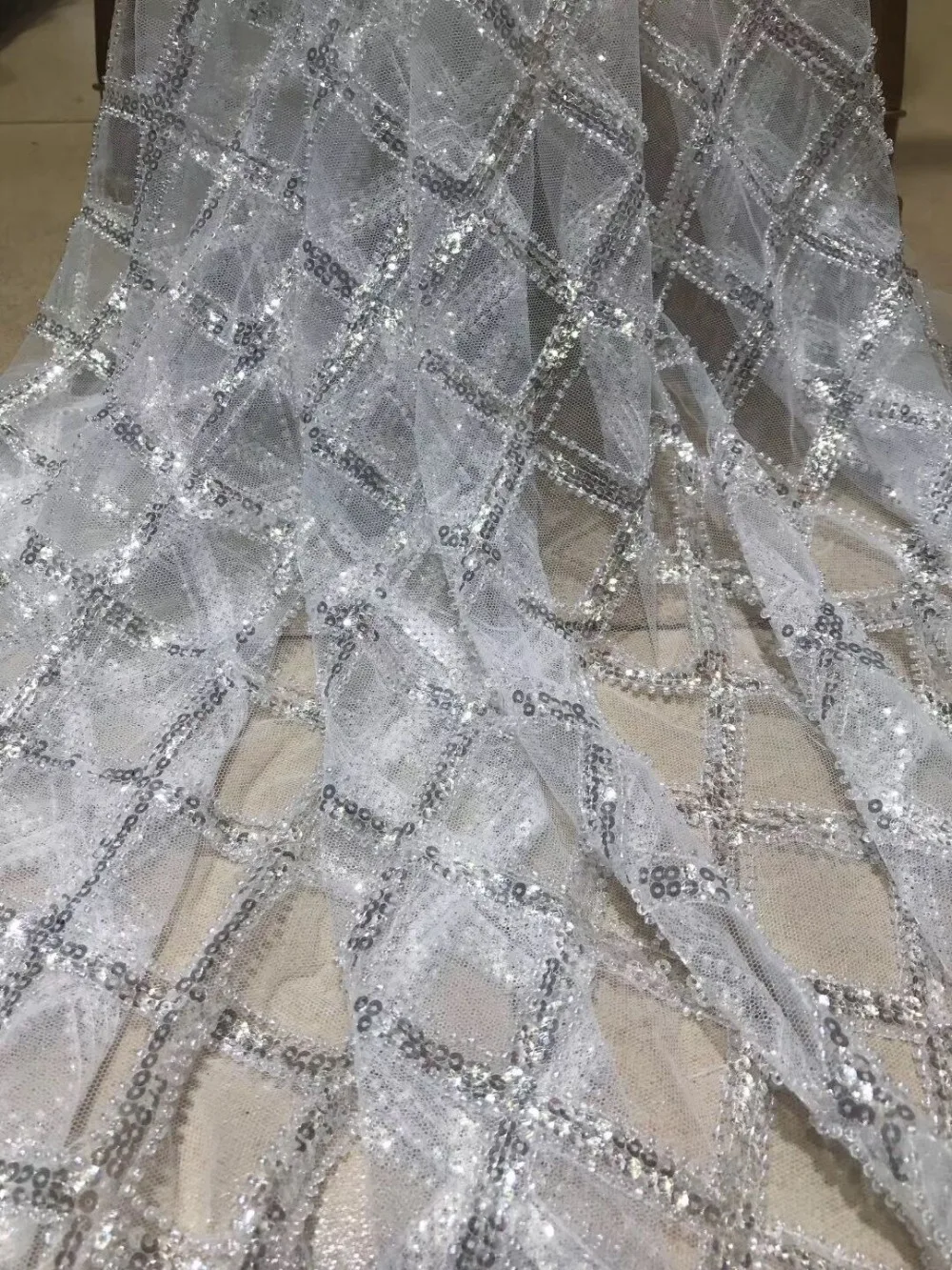 

African Embroidery French Lace Fabric Dark Blue Color Nigerian Mesh Net Lace Material with beads for Party Dress Making