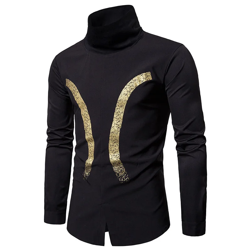 Mens Bronzing Printing Turtleneck Long Sleeve Shirt | 2018 Brand New Fashion Concise Long-Sleeve Male Cotton Camisa Black/White Мужская