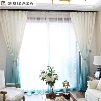 

High grade 3D printed gradient color heavy modern curtains for living room divider blue green black out window treatments