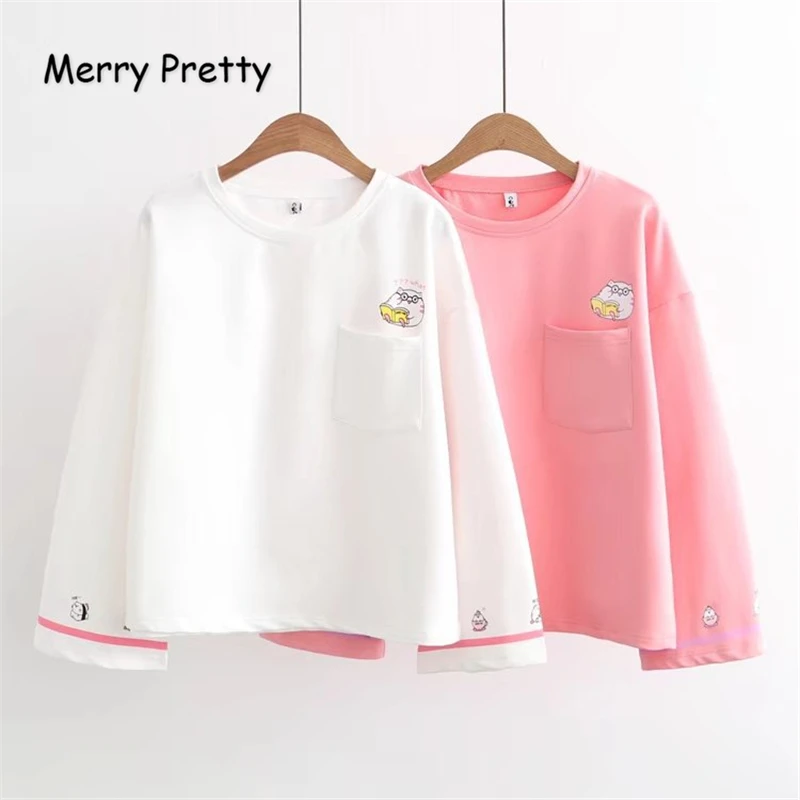 

MERRY PRETTY Women Cartoon Print Pocket Hoodies 2019 Autumn Long Sleeve O-Neck Cotton Pullovers For Sweet Girl Cute Sweatshirts