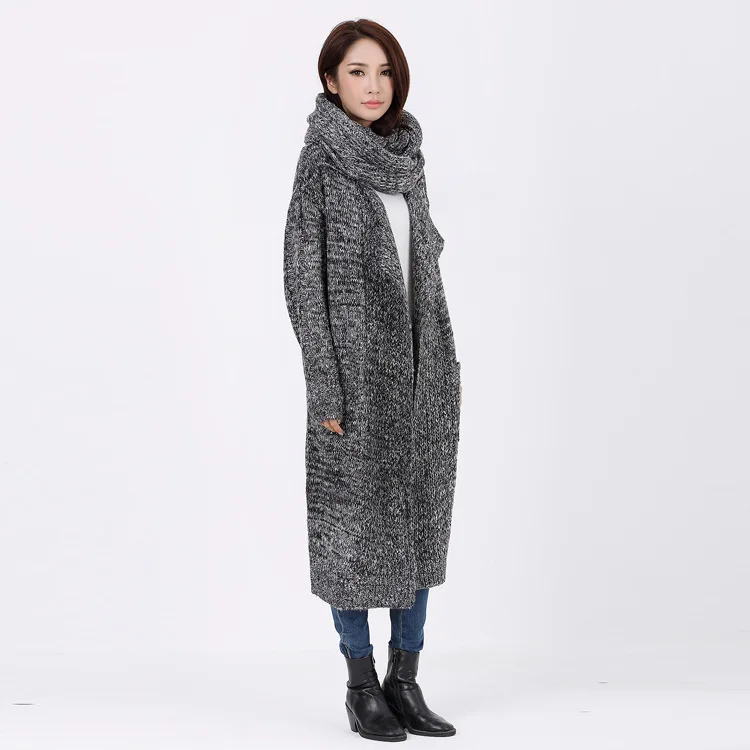 Mode bleu Col Femmes Chandails vêtements Trench Lâche Écharpe Femme Long Cardigans Tricot Chic 2016 Manteau noir Épais Avec Automne Beige Casual pRZqnOPf