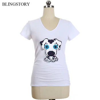 

BLINGSTORY New Fashion Large Size Women Cotton Spandex T Shirt Summer Short Sleeve V-neck Reversible Sequin Tees Top LP5208002