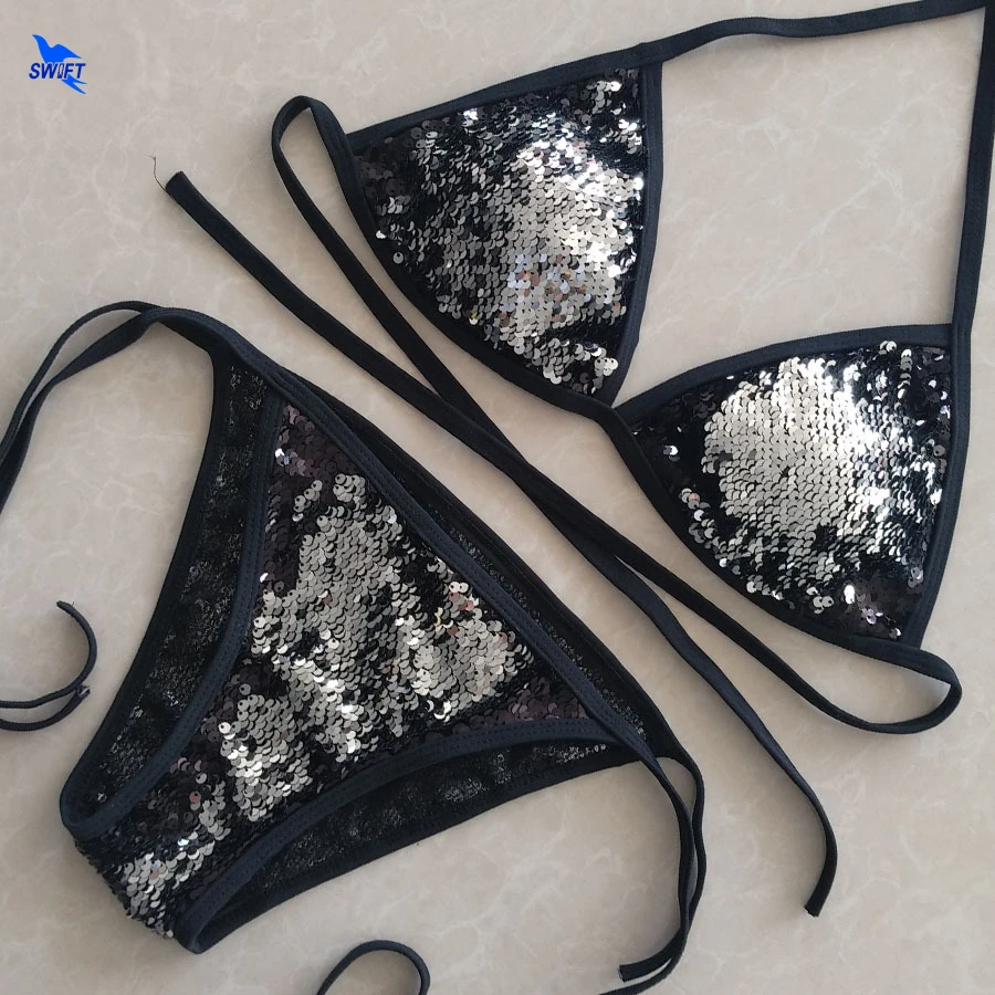 

2018 Hot Bikini Set Women Sexy Low Waist Bathing Suit Double Color Sequins Brazilian Swimsuit Halter Bandage Swimwear Beach Wear