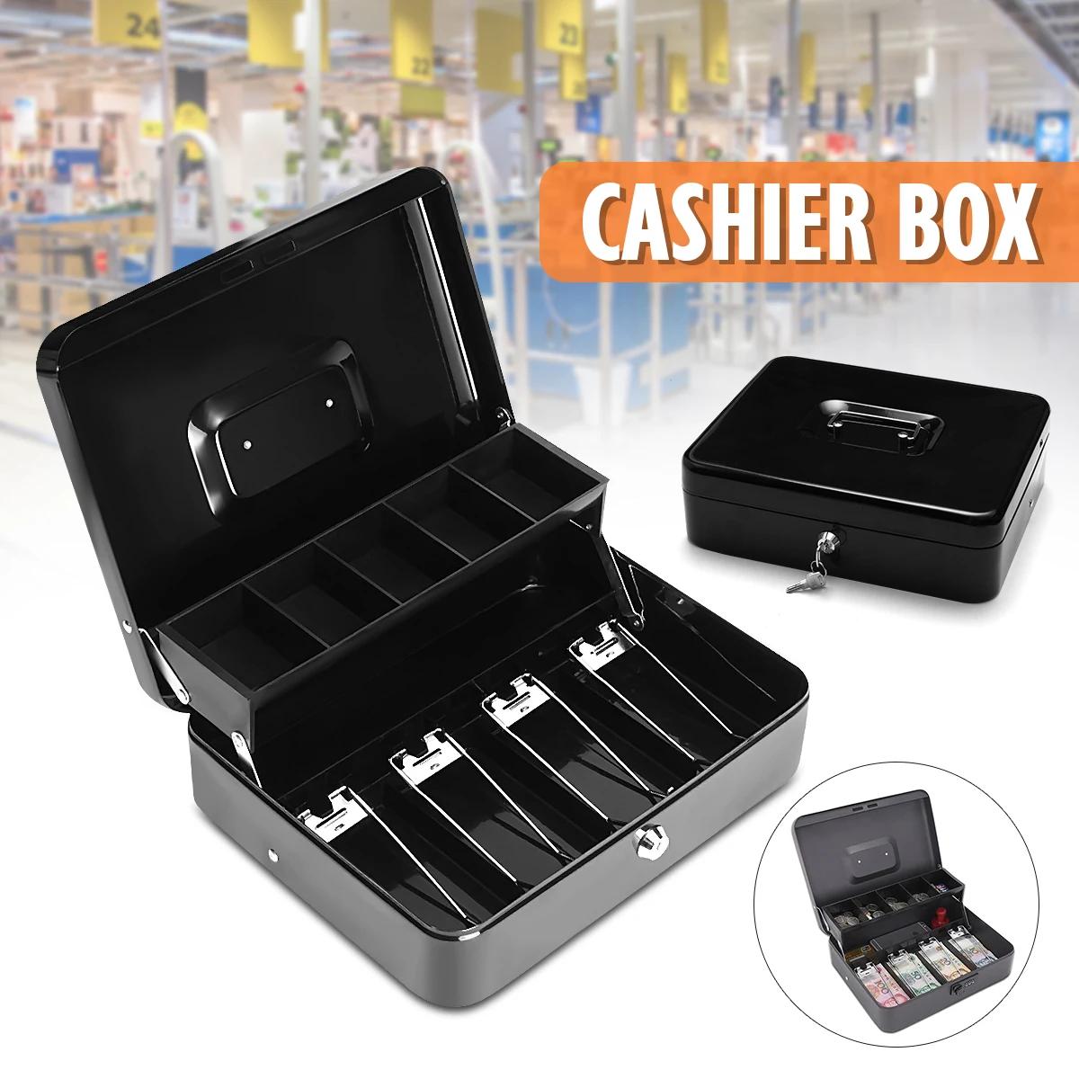 Buy Black Metallic Iron Cash Money Box Drawer With Key