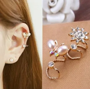 

hot fashion chic retro crystal Earrings bow flower gold Color earrings bow imitation pearl sun earring