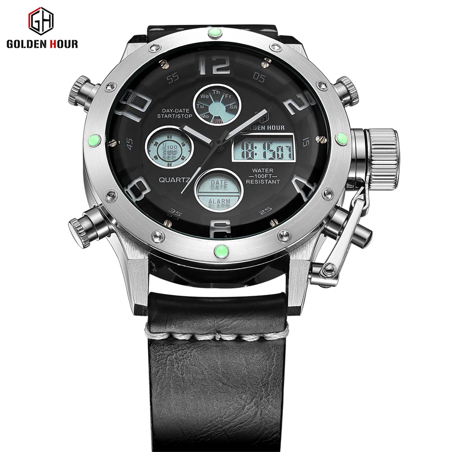 Marca de Luxo à Prova Militar do Exército Relógio de Pulso Dwaterproof Água Couro Quartzo Analógico Relógio Masculino Digital Led Esporte Presente