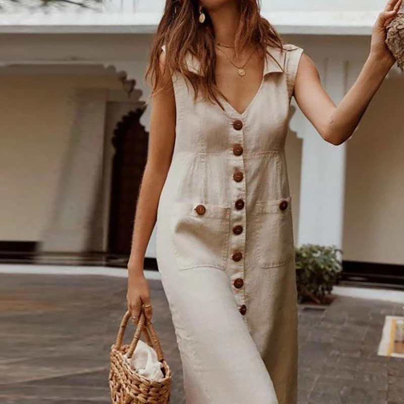 

S-5XL Plus Size Summer Dress Women Elegant Button Boho Midi Dress Feminine V-neck Beach Dresses Pocket Holiday Vestidos