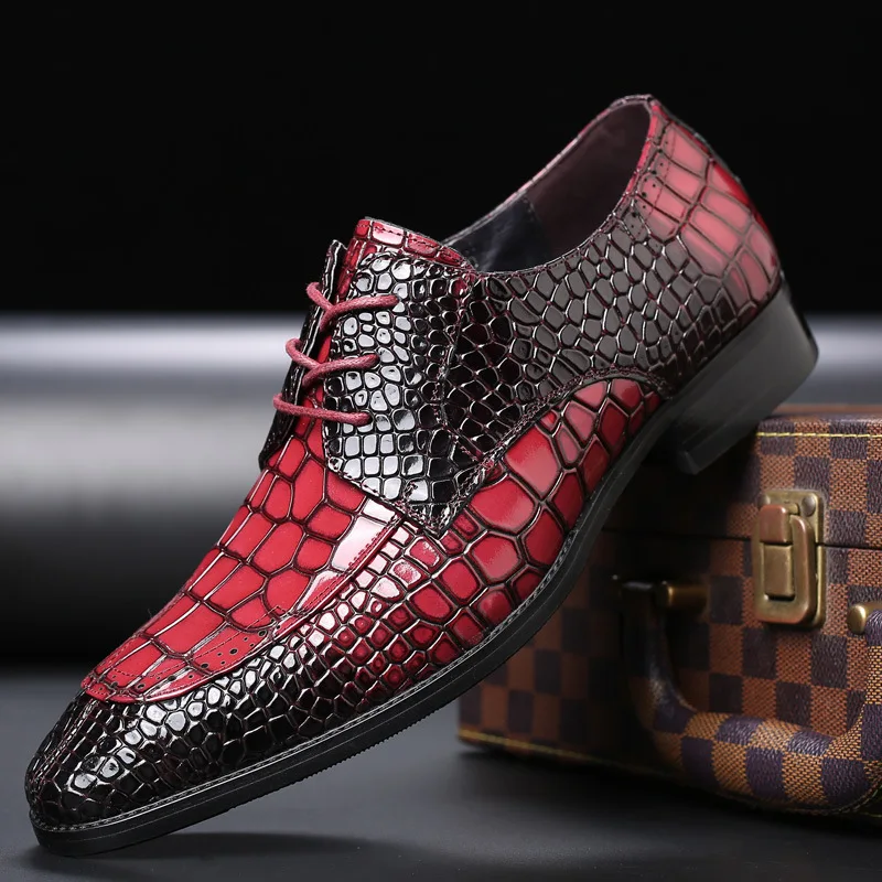 

2019 Famous brand fashion luxury crocodile pattern men's shoes men's Genuine Leather business breathable tie pointed shoes men