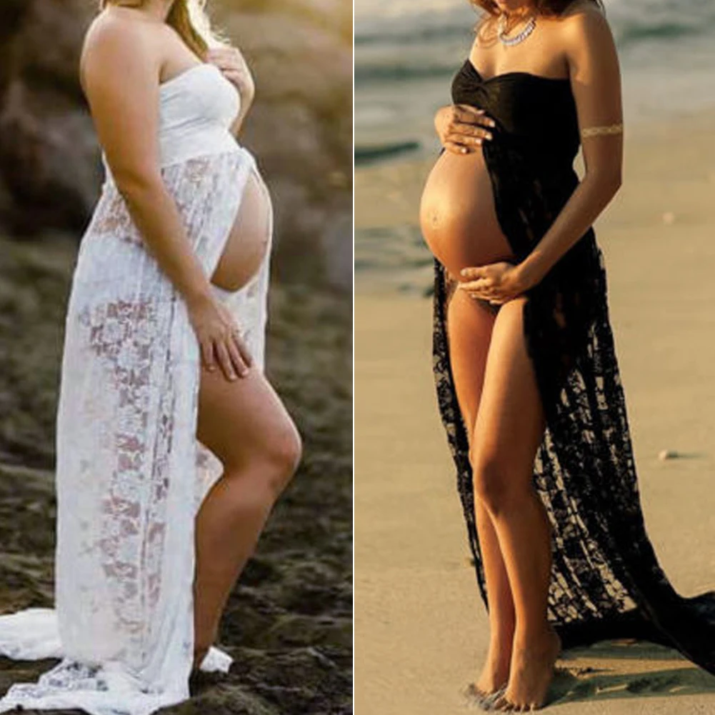 Новинка, Брендовое платье для беременных женщин с разрезом спереди, длинное платье макси для беременных, платье для фотосессии, кружевное платье без бретелек, шифоновый комплект