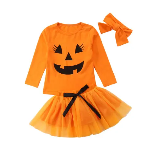 

Emmababy Halloween Baby Girl Set Clothing Pumpkin Cos Clothes Shirt Tops+Tulle Lace Skirts +Headband 3Pcs Outfits Kids Clothes
