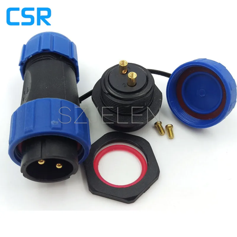 

SP2110, 2 pin waterproof connector, panel cutout 2mm, IP68, connection mode connect by the metal screw, LED power wire connector