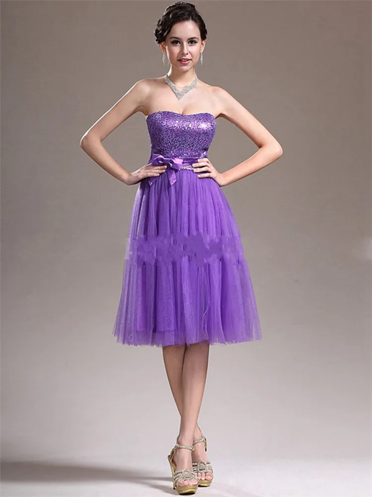 Длиной до колен блёстки / бант драпированный класс пром платья Vestido Formatura короткая