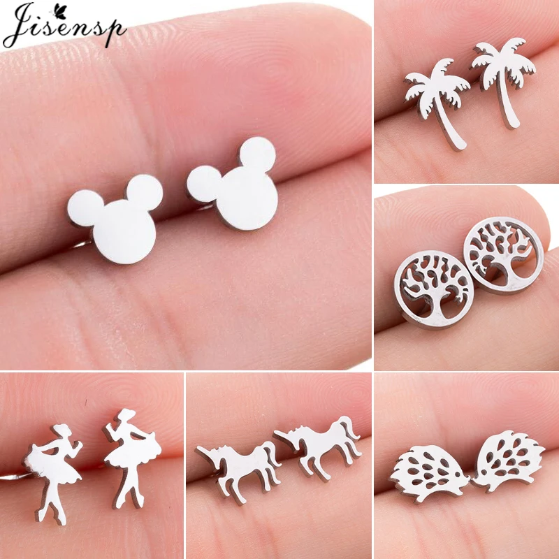 Jisensp серьги-гвоздики из нержавеющей стали с Микки Маусом, серьги с кокосовым деревом для женщин и девочек, повседневные ювелирные изделия, аксессуары для животных, подарки