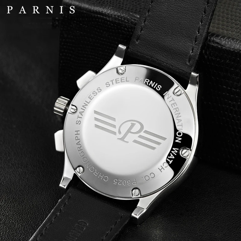 Повседневные модные мужские часы Parnis 41 мм Мужские наручные часы s Qaurtz хронограф черные кожаные Авто Дата Мужские кварцевые военные часы
