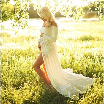 

Maternity Dress For Photography Boat Neck Dress Maternty Off Shoulder Long Sleeve Stretch Cotton Chiffon Parchwork Pregnant Dr