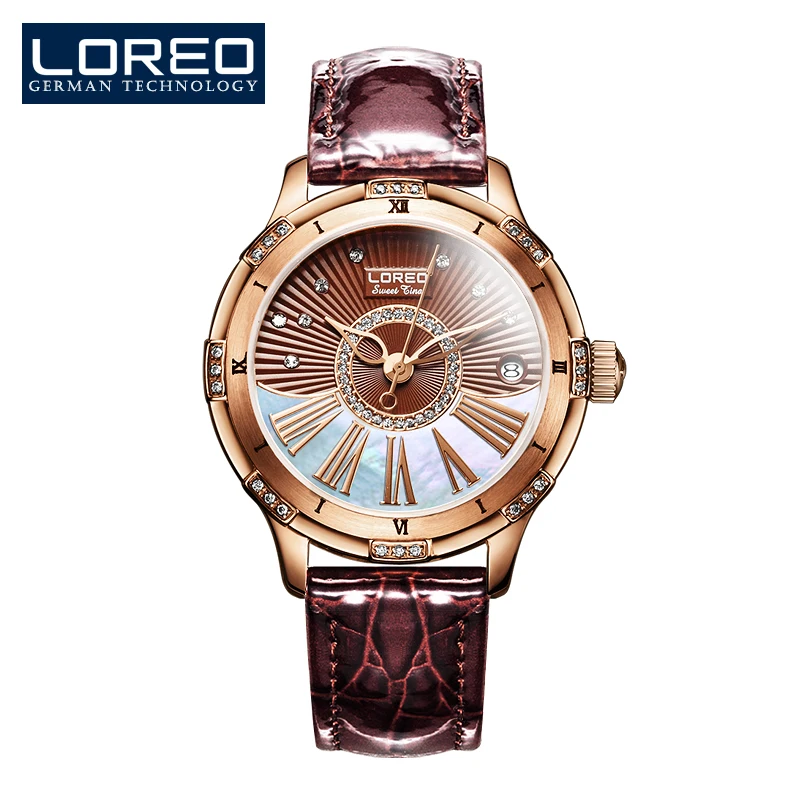 

LOREO water resistant automatic mechanical Pearl dial inlay diamond sapphire brown Leather belt simple elegant lady watch