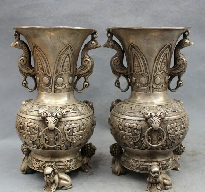 

song voge gem S3712 12" Tibet Silver Phoenix Foo Fu Dog Lion Sheep Head Statue Flower Vase Pot Pair
