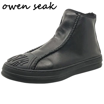 

Owen Seak Men Ankle Boots Shoes High-TOP Genuine Leather Sneaker Luxury Trainers Boots Casual Zip Flat Black Shoes
