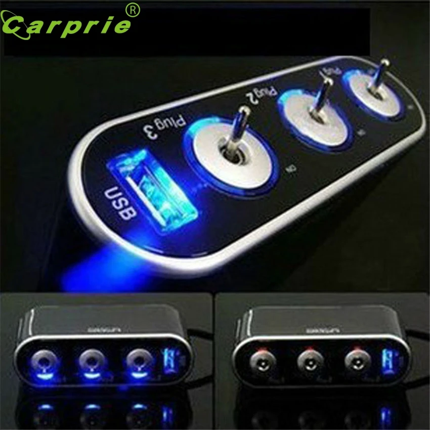 

CARPRIE Super drop ship 3 Way Triple Car Cigarette Lighter Socket Splitter 12V/24V +USB+LED Light Switch Mar714