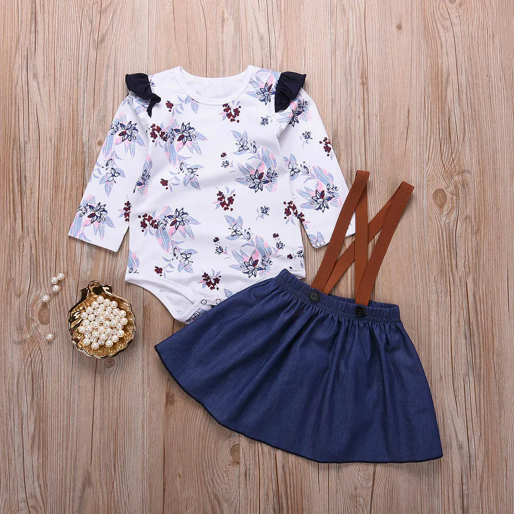 

MUQGEW Fashion Baby clothes 2PCs Infant Baby Girls Clothing Set Floral Romper Jumpsuit Denim Strap Skirt Clothing Set tracksuit
