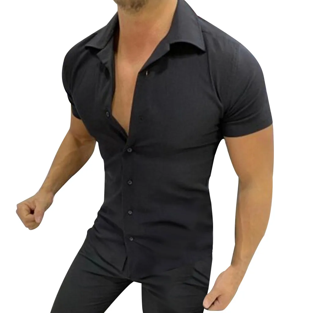 

Summer Men Casual Shirt Chemise Homme Pure Color Button Splicing Short Sleeve Turn-Down Collar Shirts Tops Blouse Daily Clothing