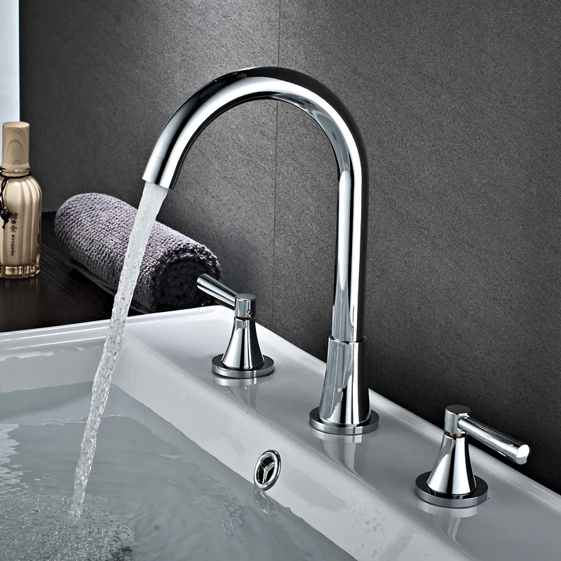

Copper double handle three hole faucet basin split faucet wash basin double wheel switch faucet dual control rotatable